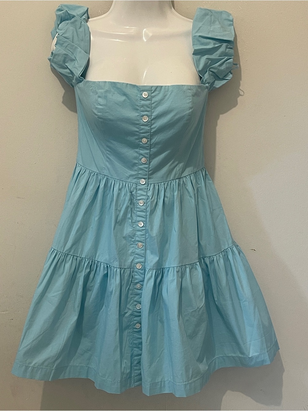 STAUD Elio Off-The-Shoulder Mini Dress Light Blue Azure Cotton Poplin Size 4 EUC - Picture 2 of 10